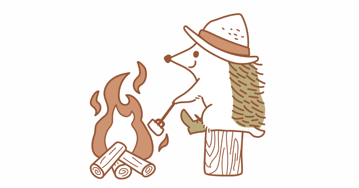 焚き火でマシュマロを焼く帽子をかぶったハリネズミ