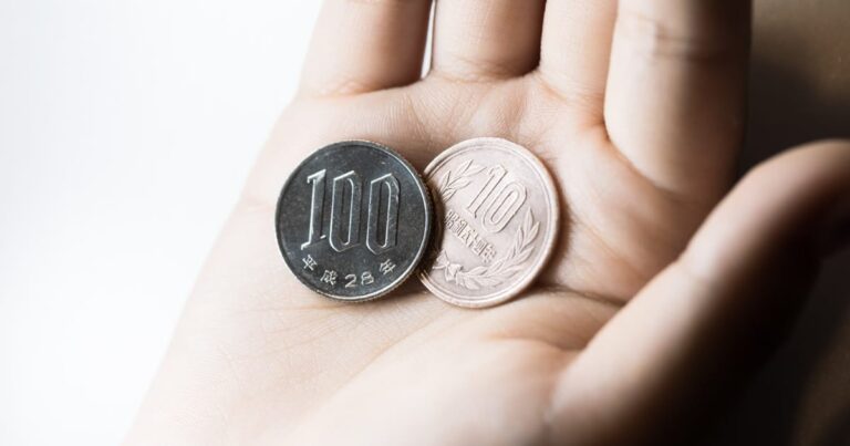 100円玉と10円玉を持つ手のひら