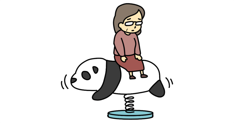 パンダの乗り物に乗るおばちゃん