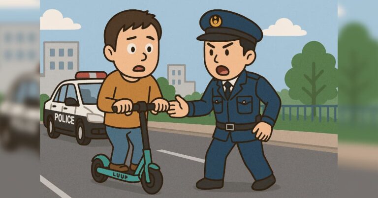 LUUP（電動キックボード）に乗った男性を取り締まる警察官