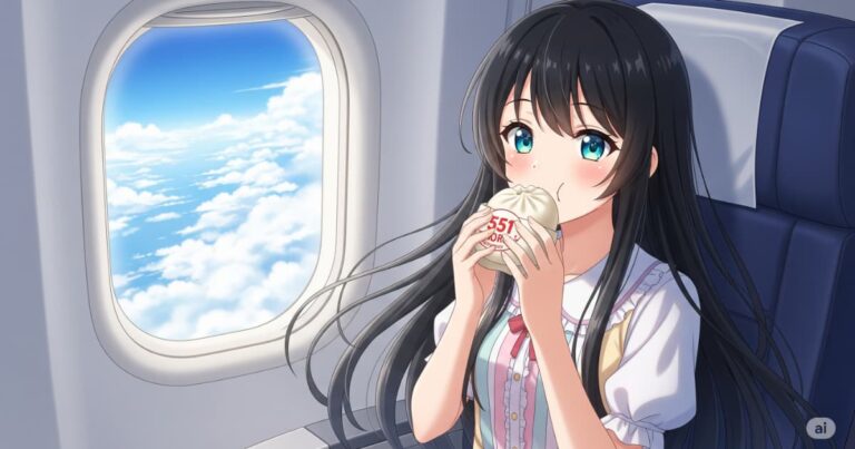 飛行機で551の中華まんを食べる美少女