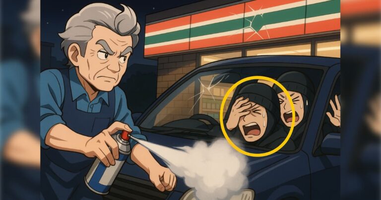 自動車に乗った強盗に殺虫剤をスプレーする店長