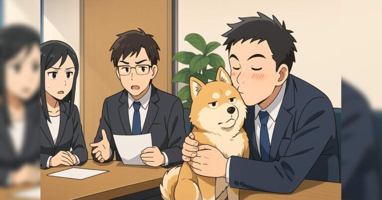 セールス部が真面目な話をしている横で犬を吸う社長
