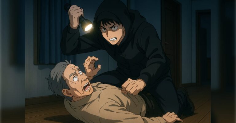 老人に馬乗りになり懐中電灯を持つ男性