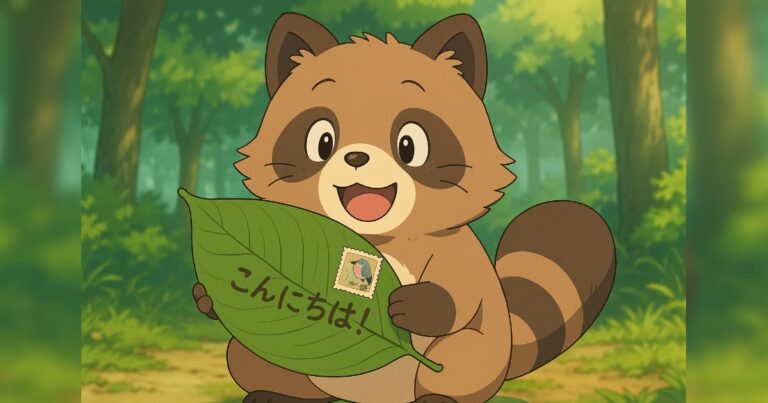 葉っぱを送るタヌキ