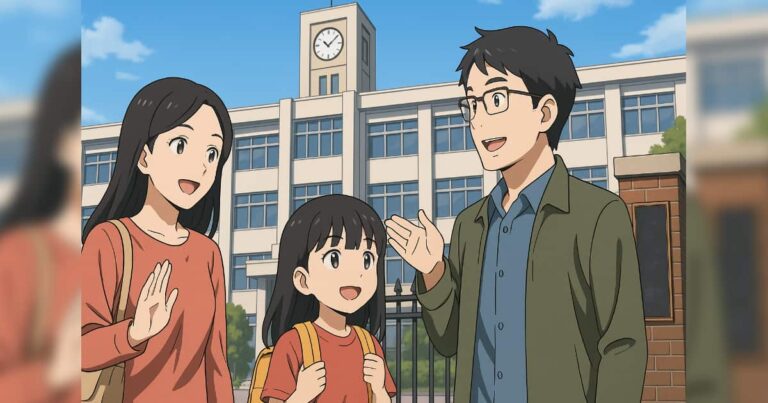 日本の学校を見学する中国人親子
