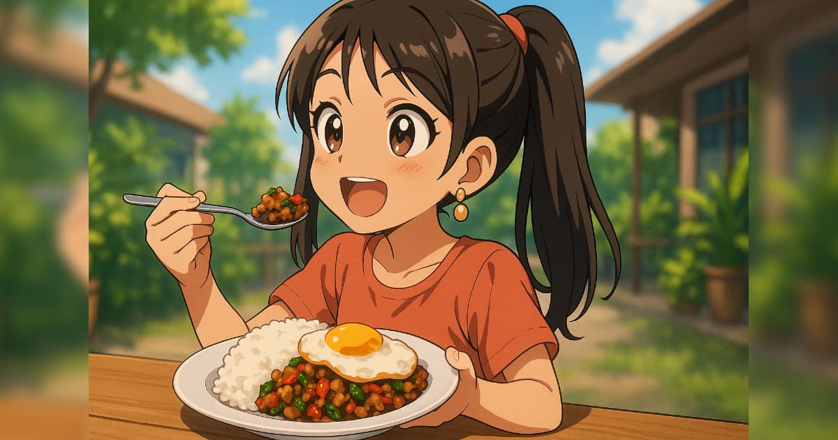 ガパオライスを食べる可愛いタイ人の女の子