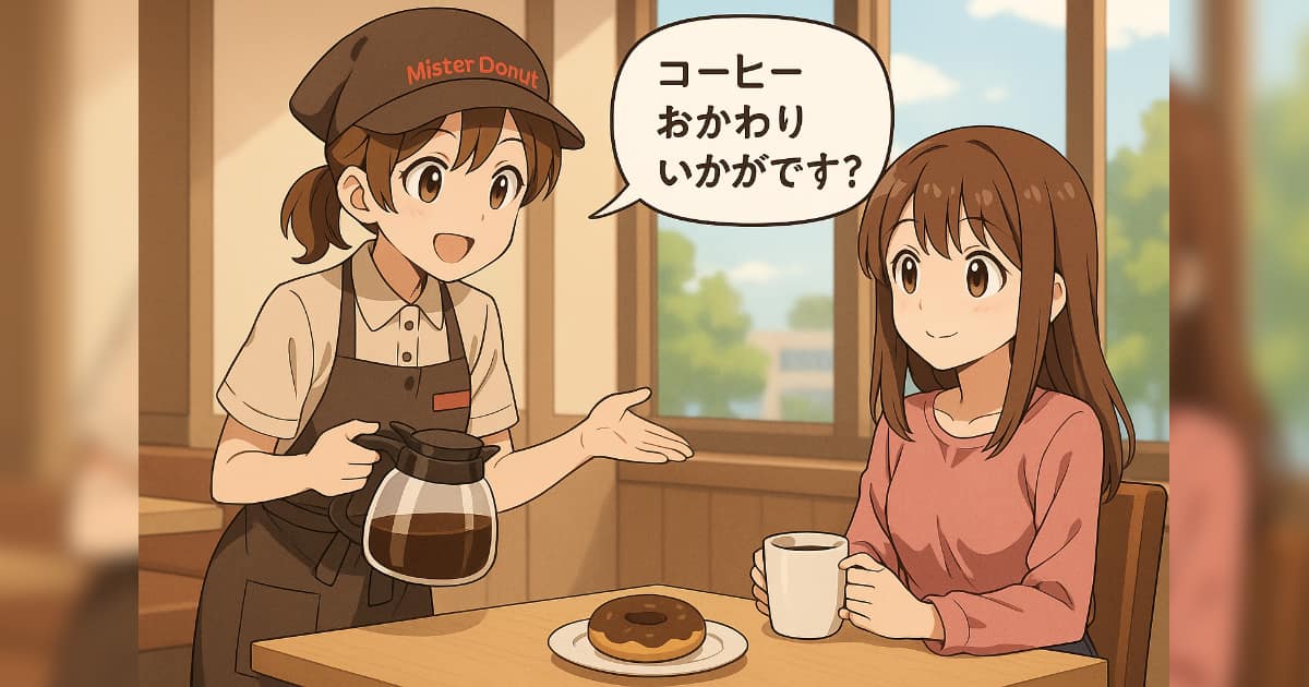 ミスタードーナツでお客さんにコーヒーのおかわりを薦める店員