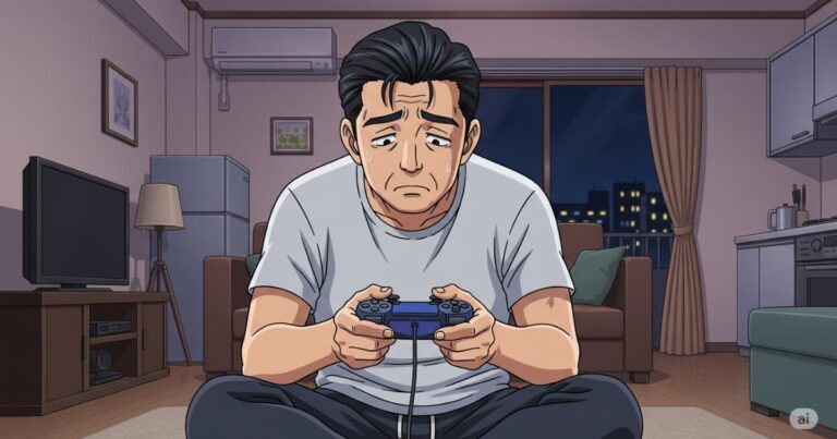 一人暮らしのマンションの部屋で寂しそうにプレステをする日本人男性