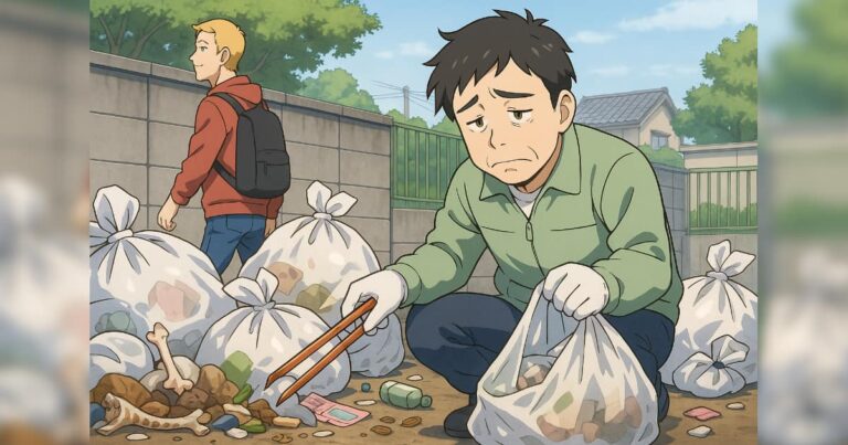 外国人がゴミ捨て場に不法投棄したゴミを悲しそうに掃除する地域住民