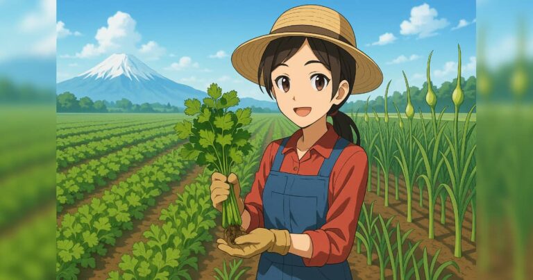 日本で香菜（パクチー）やにんにくの芽などの中国野菜を育てる農家