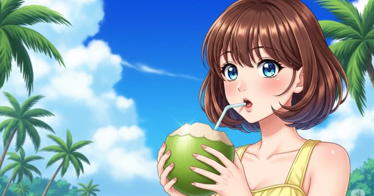 ココナッツウォーターを飲む美少女