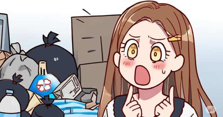 ゴミ捨て場に捨てられているゴミに驚く可愛い女の子
