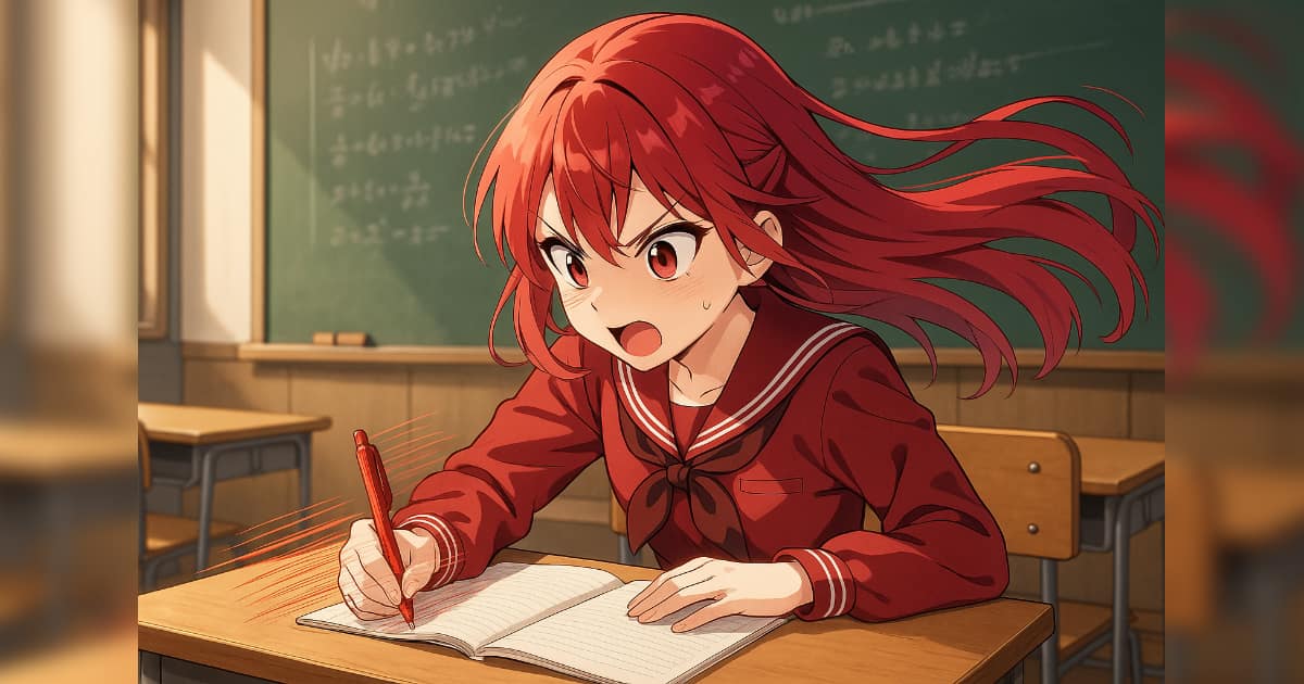 3倍のスピードで赤ペンでノートを書く女子高生