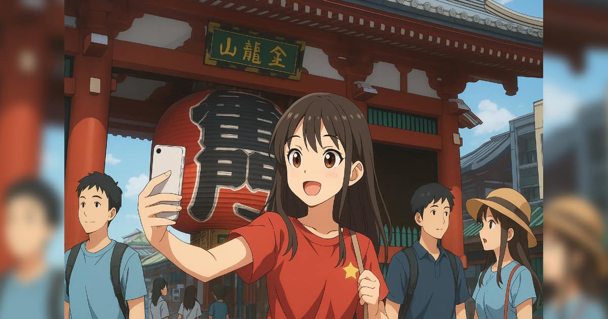 浅草寺で自撮りをする中国人美少女