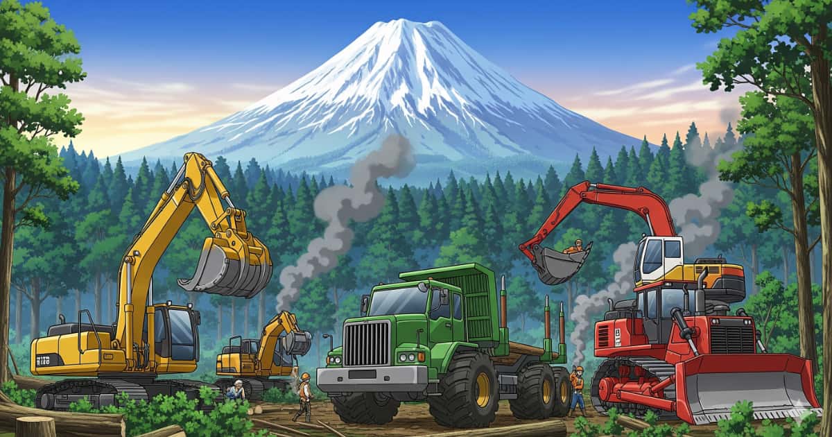北海道の羊蹄山麓の森林を無許可で伐採する重機