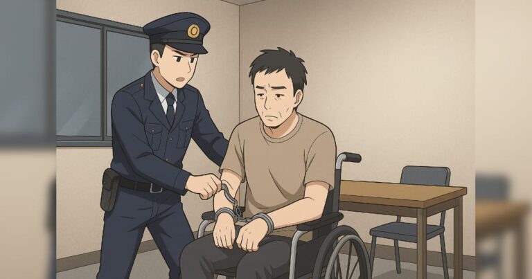 警察が中国人に手錠をし、車椅子に乗せて取調室に連行
