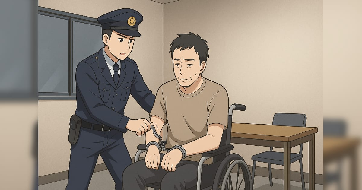 警察が中国人に手錠をし、車椅子に乗せて取調室に連行