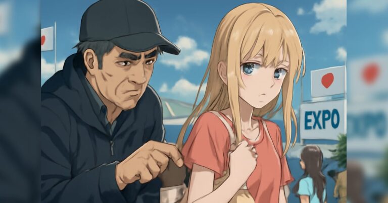 万博会場で女性からスリをする中年男性