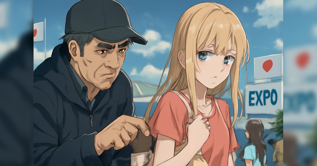 万博会場で女性からスリをする中年男性