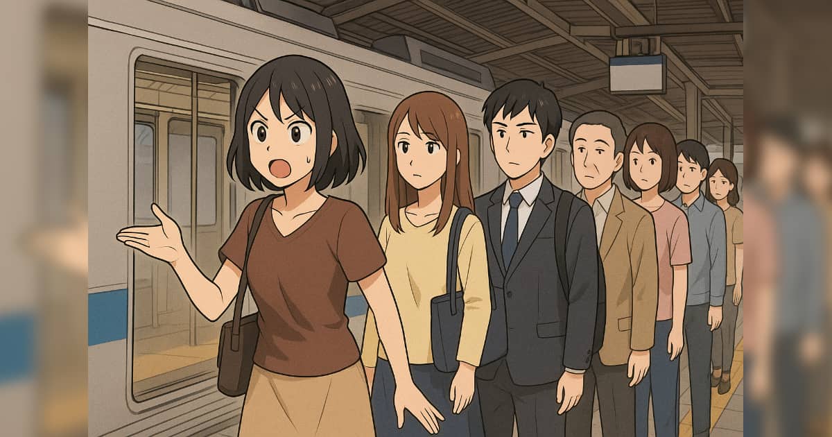 駅で列に並ぶ女性