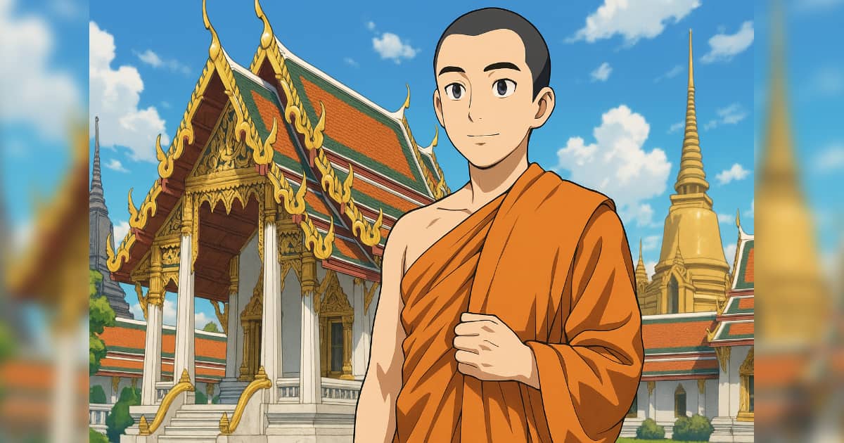 タイの寺院の前で僧侶の袈裟を着る日本人男性