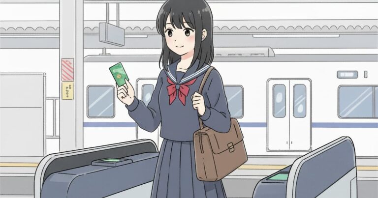 交通系ICカードを使って駅の自動改札機を通る女子高生