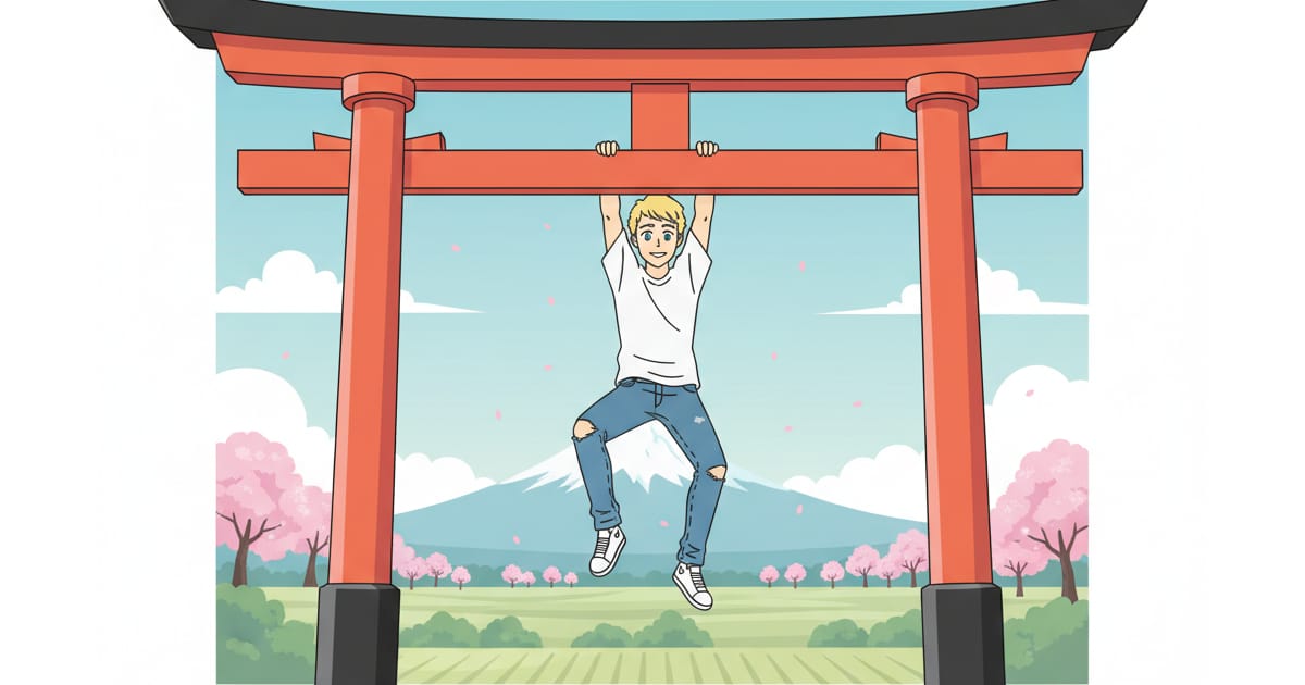 鳥居にぶらさがる外国人