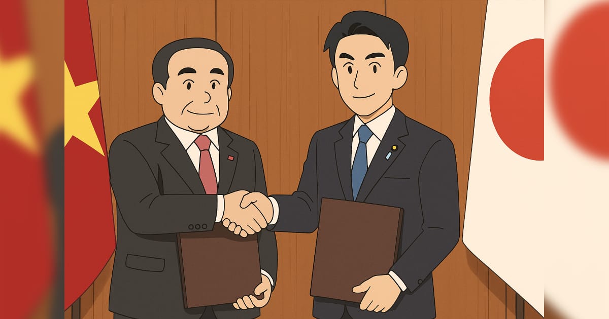 日本国旗とベトナム国旗のある政府機関の会議室を背景に握手する日本とベトナムの農業大臣
