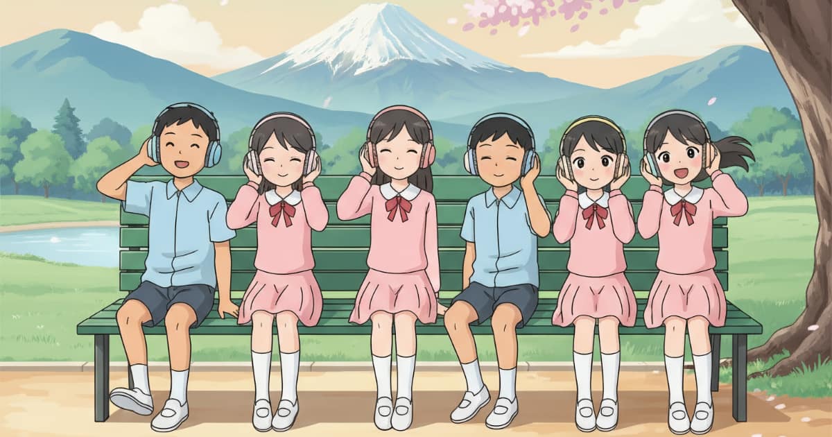 音楽を聞く日本の小学生たち