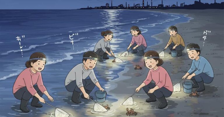 千葉の牛込海岸で夜にカニ採りする人たち