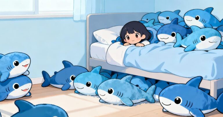 部屋いっぱいのIKEAのサメに埋もれる女の子