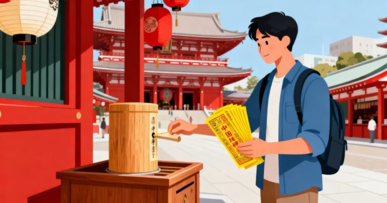 浅草寺で冥銭を使っておみくじを引く中国人観光客