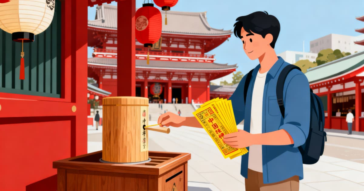 浅草寺で冥銭を使っておみくじを引く中国人観光客