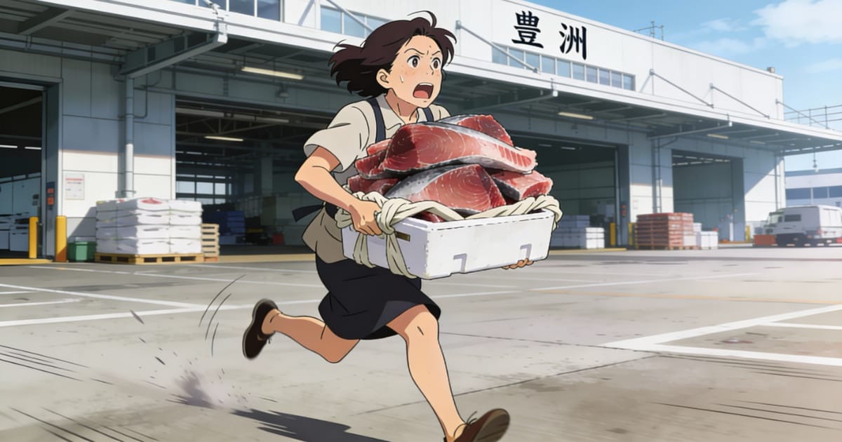 豊洲市場からマグロのカマを盗んで走ってに逃げ出す女性