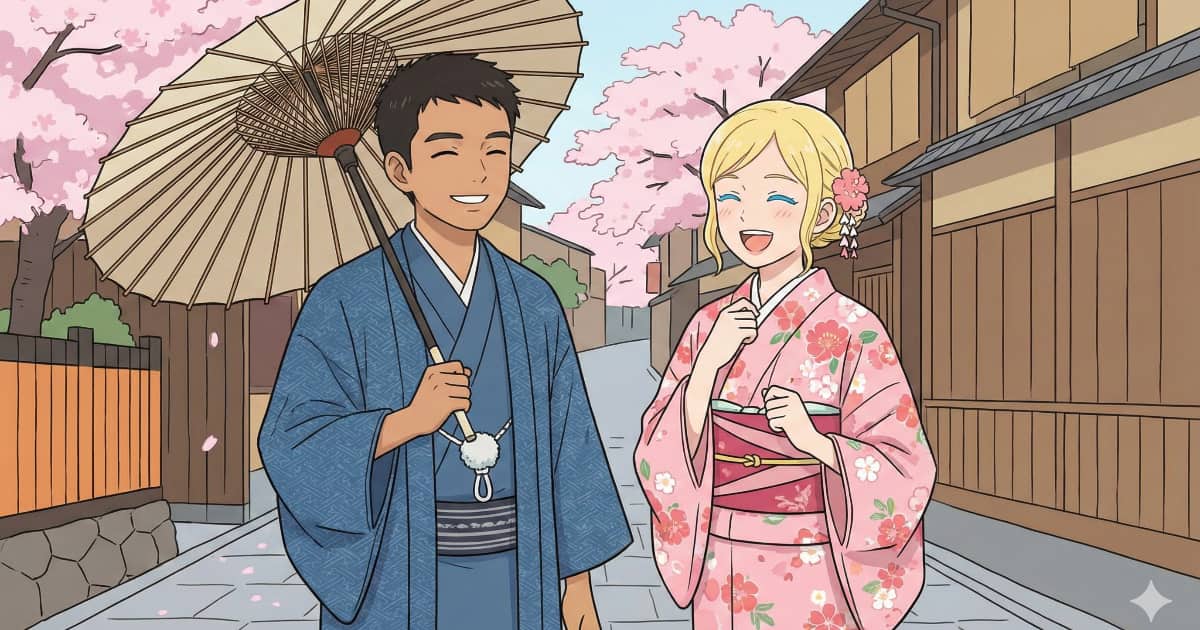 着物着用体験をするカンボジア人やドイツ人留学生