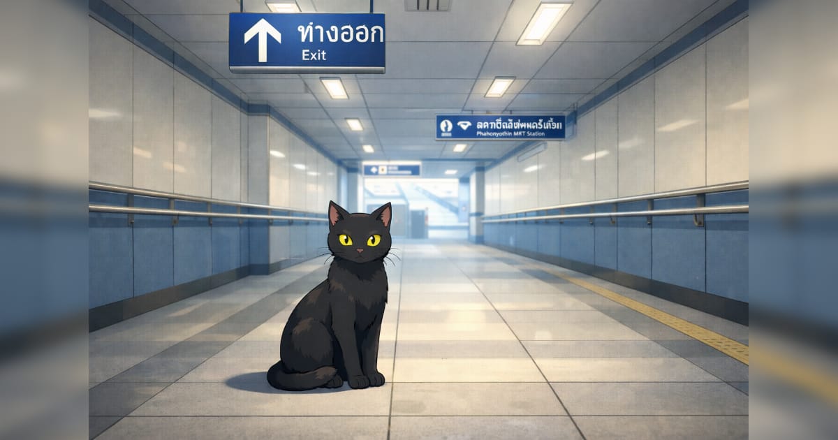 タイのMRTパホンヨーティン駅の黒猫