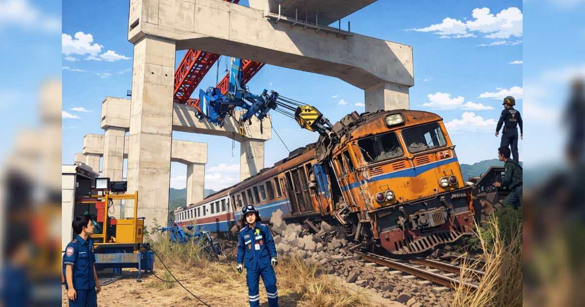 タイでクレーンが倒れ走行中の列車に直撃