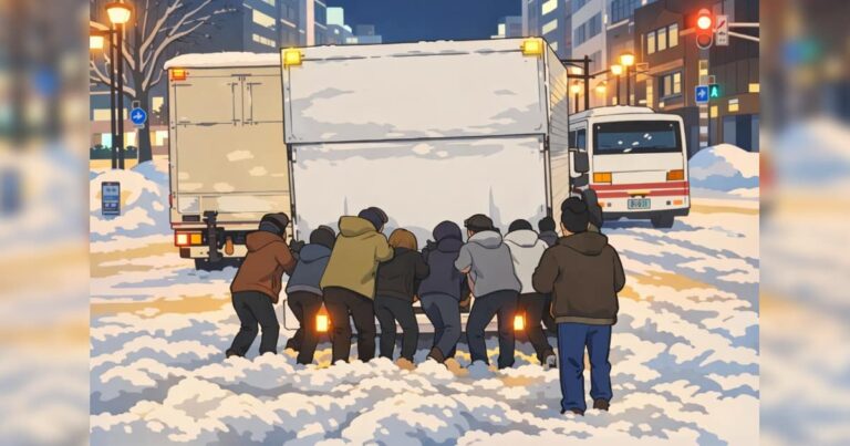 札幌で雪に埋まって動けなくなったトラックをタイ人観光客が救助