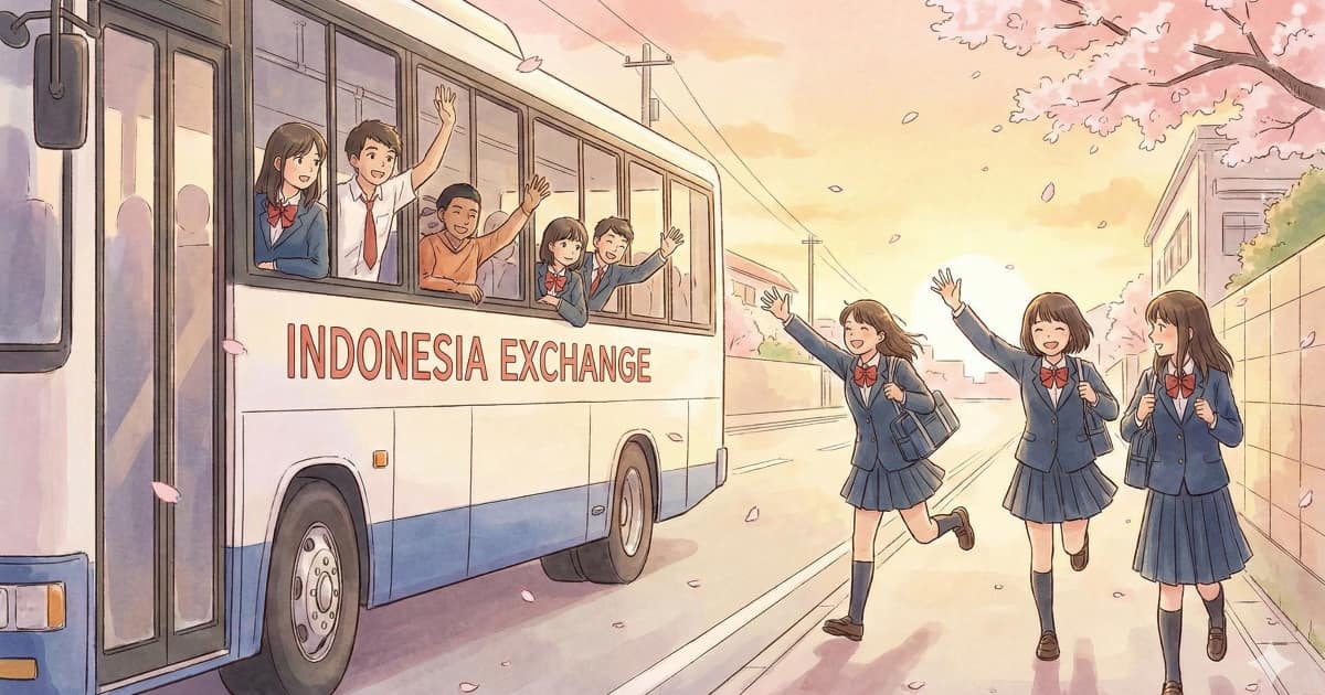 インドネシアからの交換留学生のバスを走って見送る日本人学生