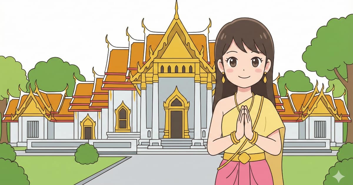 タイの伝統衣装を着てタイの寺院でワイをする日本人の女の子