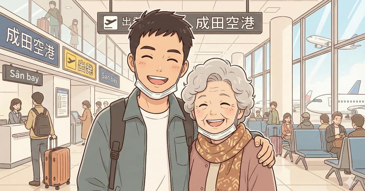 日本の空港で幸せそうなベトナム人の若い男性と日本人の年配女性