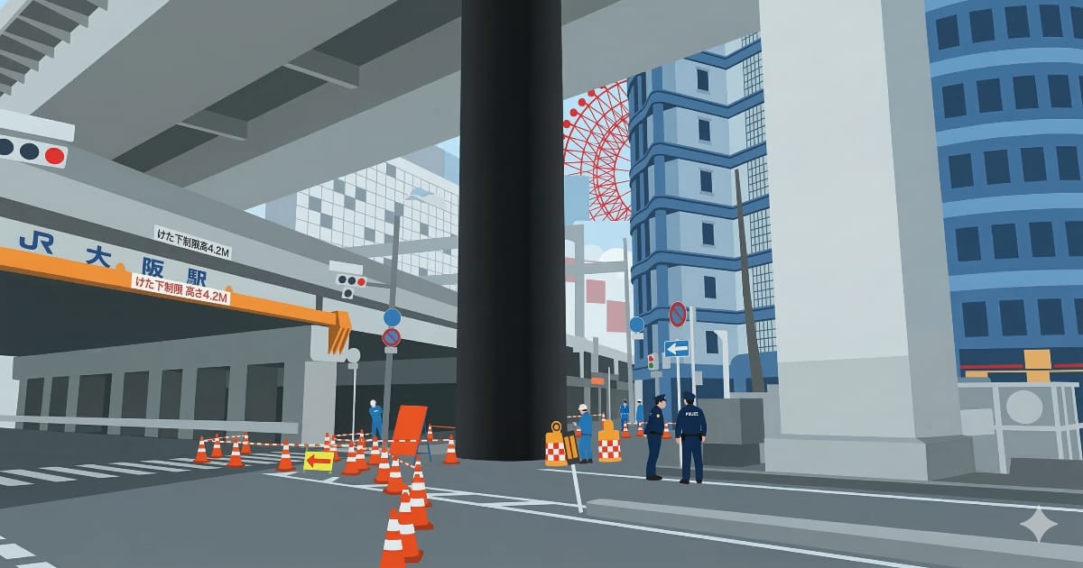 梅田に出現した１０ｍ超の巨大パイプ