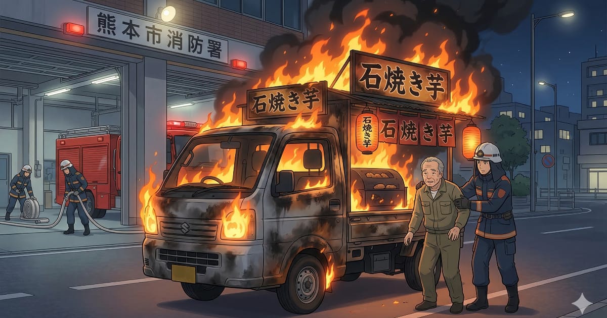 燃え上がる焼き芋販売車が消防署へ直行