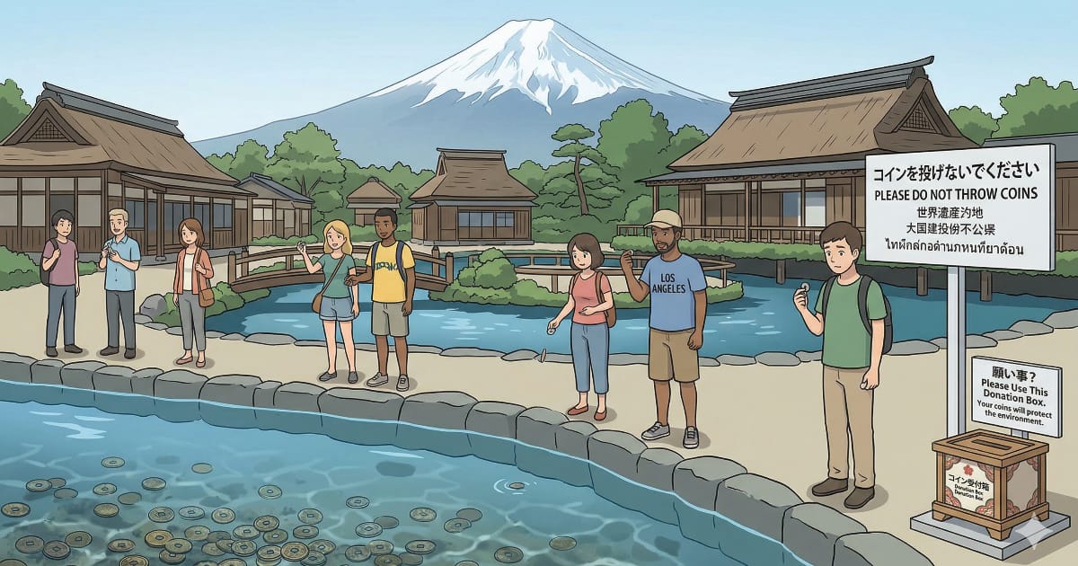 忍野八海の池に“投げ銭”する外国人観光客