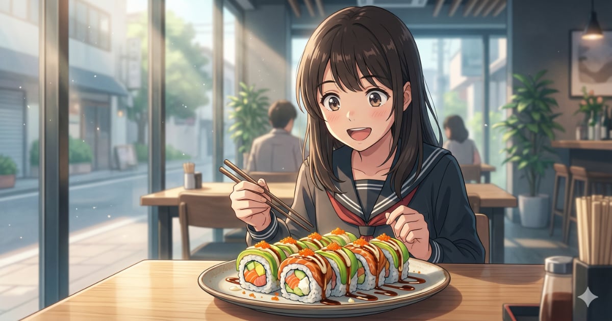 カリフォルニアロールを食べる女子高生