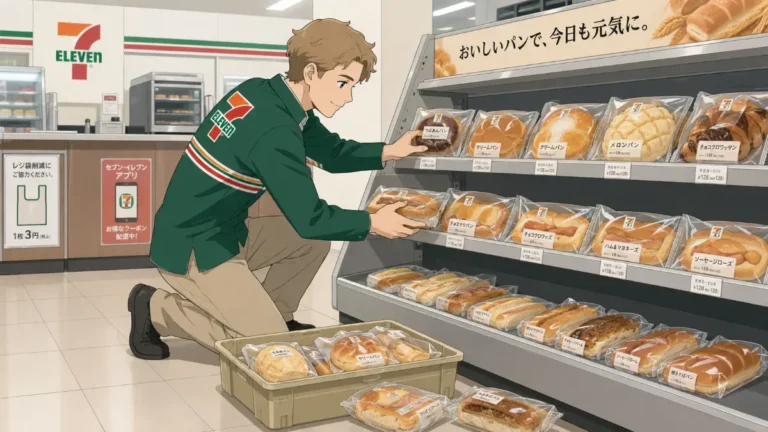 セブンイレブンの外国人店員がパンを床に置いて、品出しする様子