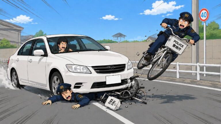 車にはねられる警察官二人