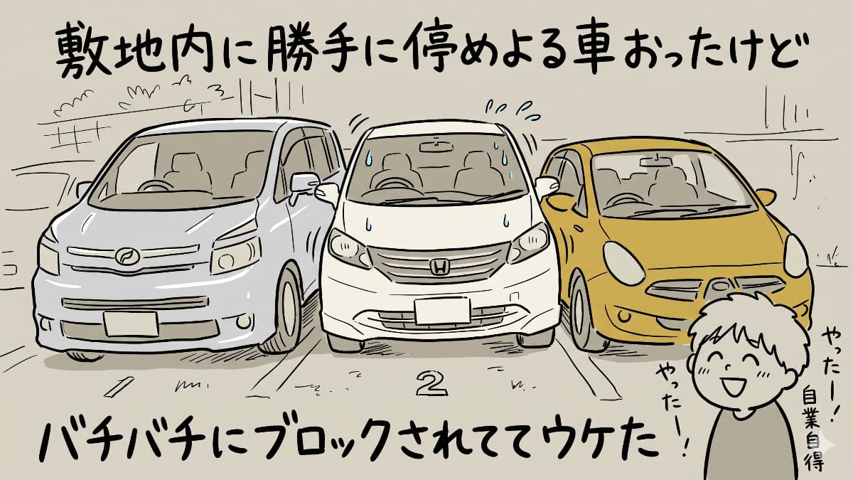 敷地内に勝手に停めよる車おったけどバチバチにブロックされててウケた