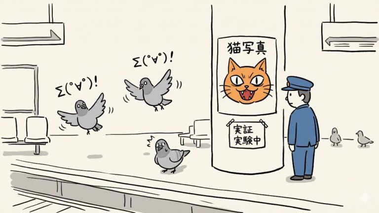 日本の駅で怖い猫の写真で鳩を追い払う実証実験